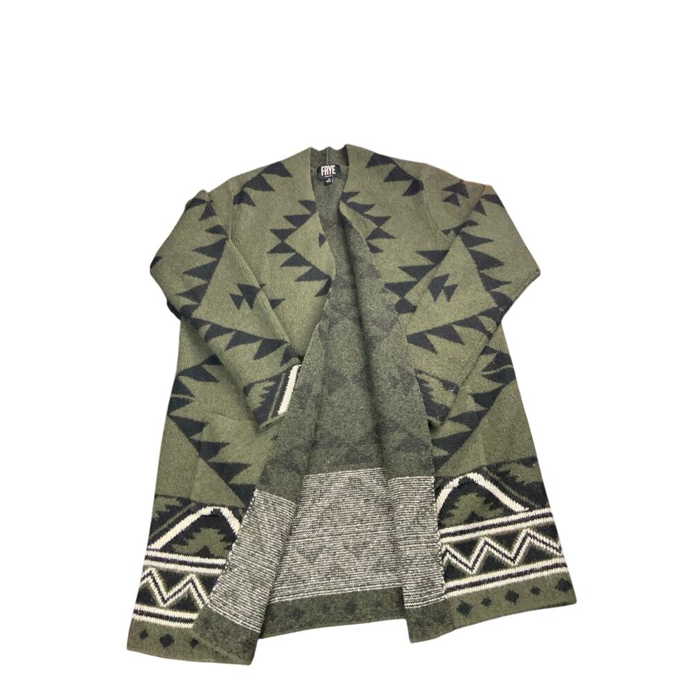 Frye Long Cardigan Sweater Womens M Green Southwestern Aztec Open Front